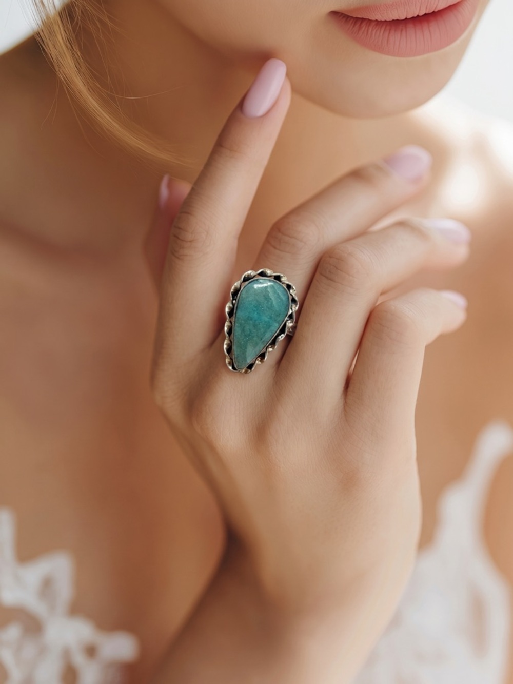 Hand Crafted Silver Plated Aventurine Teardrop Statement Ring Size 6 Gift Box